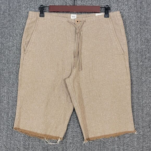 Gap Shorts Mens Small Khaki Linen Blend Flat Front Drawstring Bermuda Jogger - Picture 1 of 11